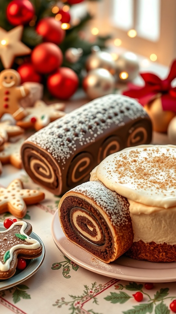 Festive Christmas Dessert Recipes A collection of Christmas desserts: gingerbread cookies, chocolate yule log, and eggnog cheesecake on a festive table.